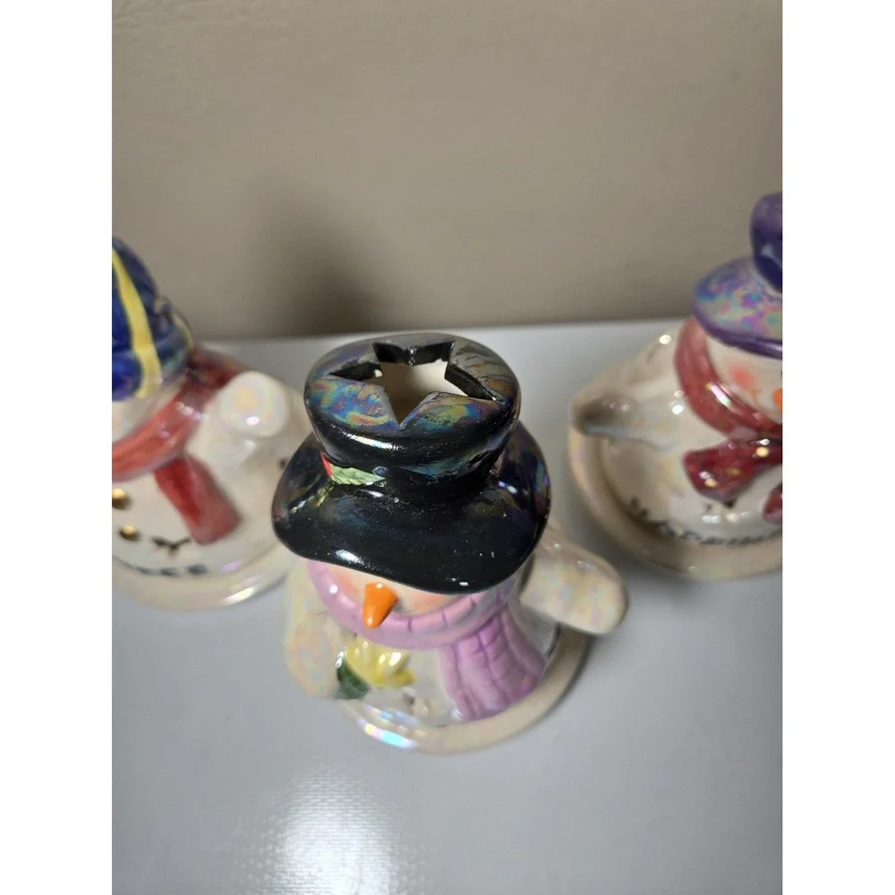 Vintage Ceramic Snowman Tealight Candle Holder Lot of 3 Christmas Holiday Decor